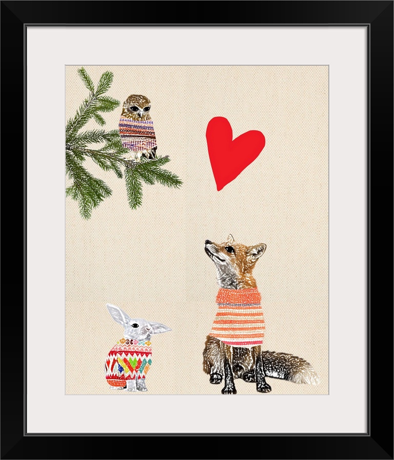 Illustration of a fox, rabbit and owl wearing sweaters, and a red heart above on a linen background.