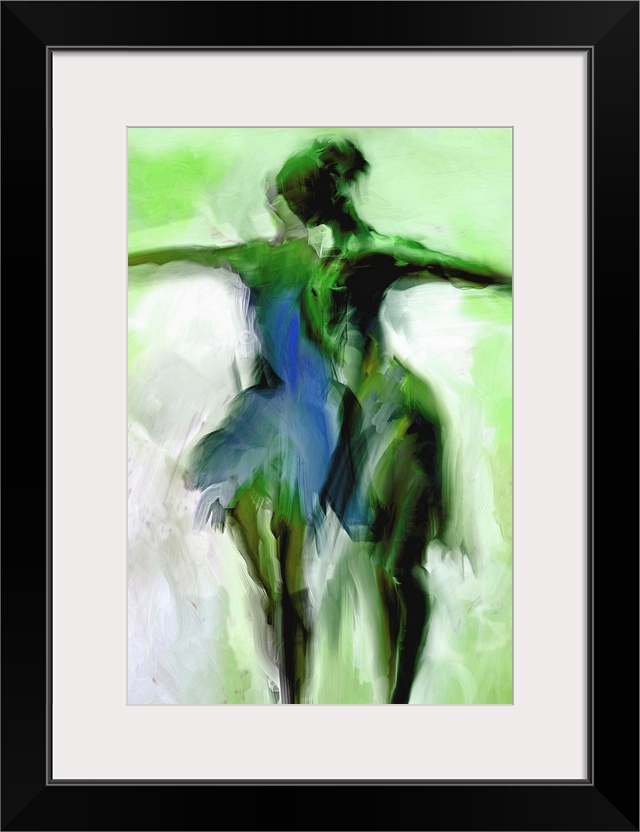 Painting of the figure of two ballerinas in shades of green.