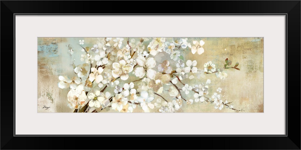 A panoramic painting of a branch of white blossoms against a neutral backdrop.