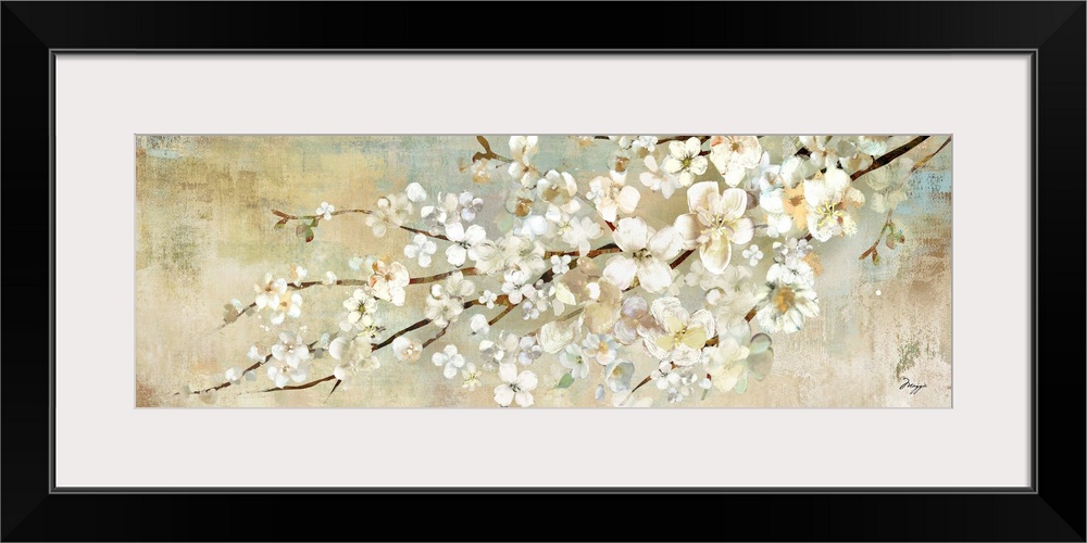 A panoramic painting of a branch of white blossoms against a neutral backdrop.