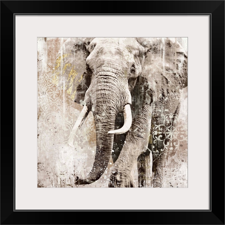 Decorative artwork of an elephant with tusk with a distressed overlay of fine lines and floral designs.