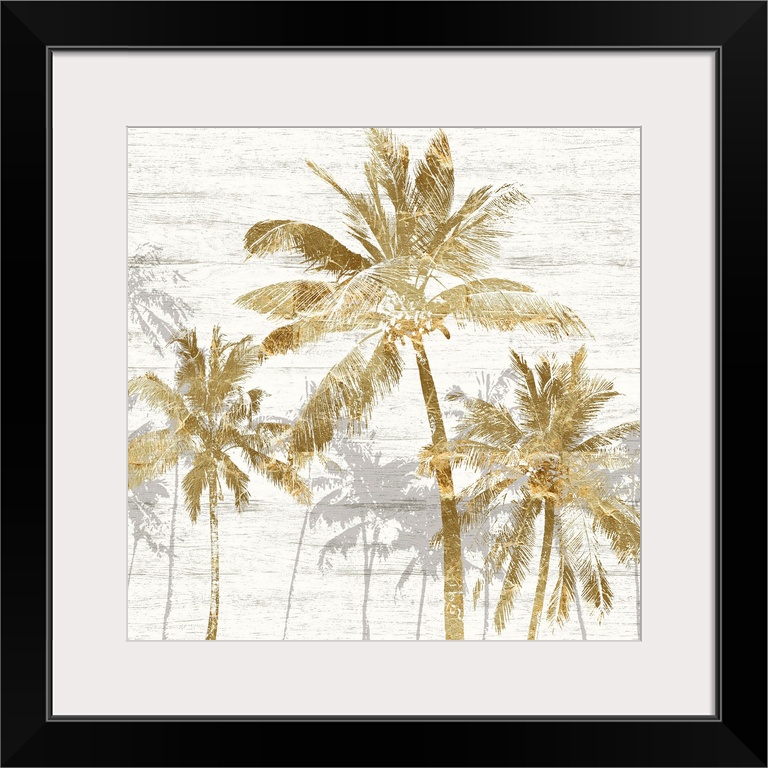 Square artwork of a group of gold palm trees with gray trees behind, on a white wood backdrop.