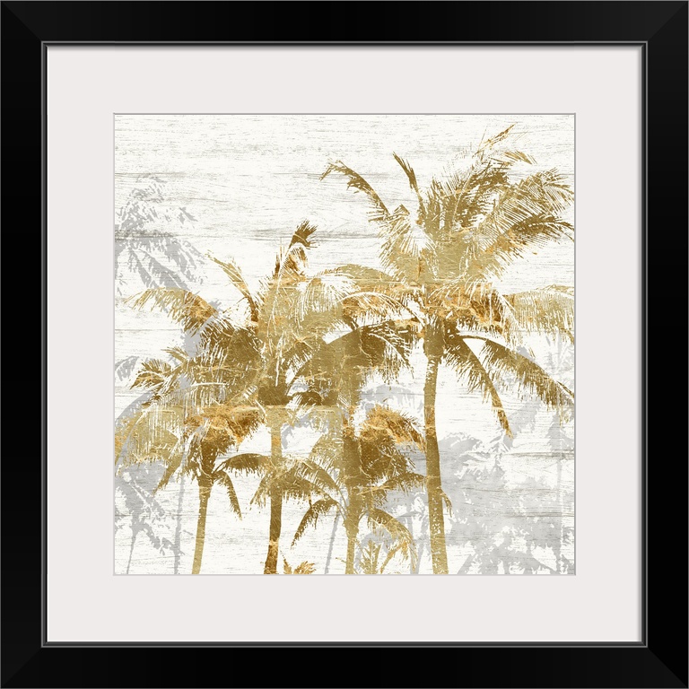 Square artwork of a group of gold palm trees with gray trees behind, on a white wood backdrop.