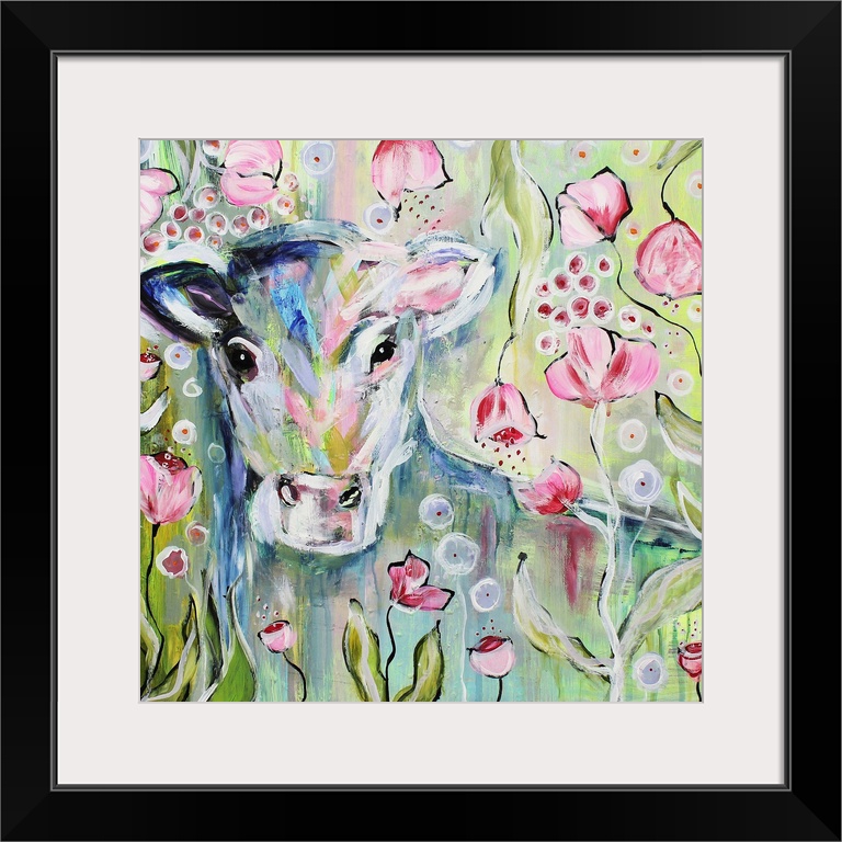 Painting of a calf hiding among pink flowers.