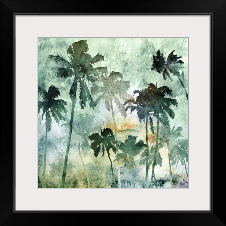 A square watercolor painting of a group of palm trees in shades of green.