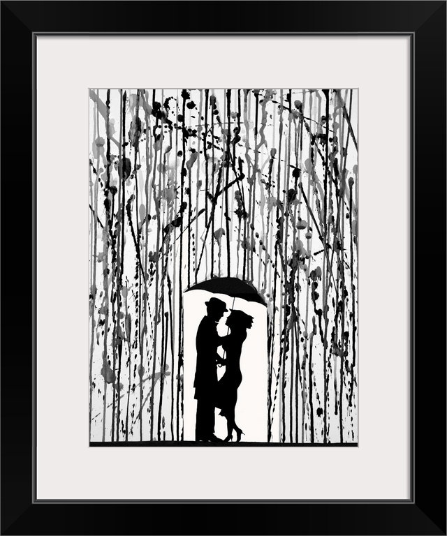 Ink painting of a silhouetted woman with an umbrella under splattered rain.