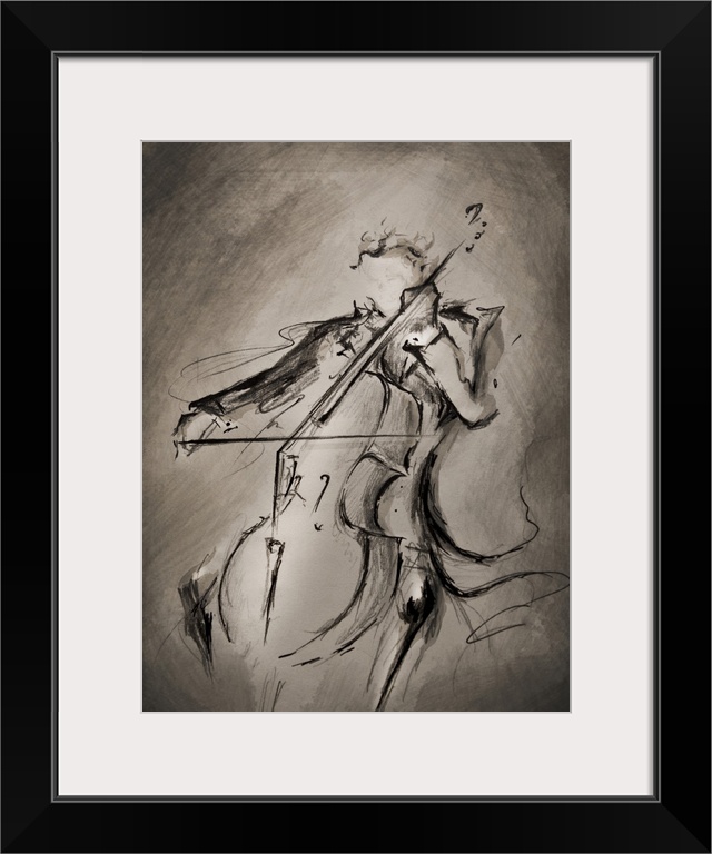 Ink painting of a man in a tuxedo playing the cello.