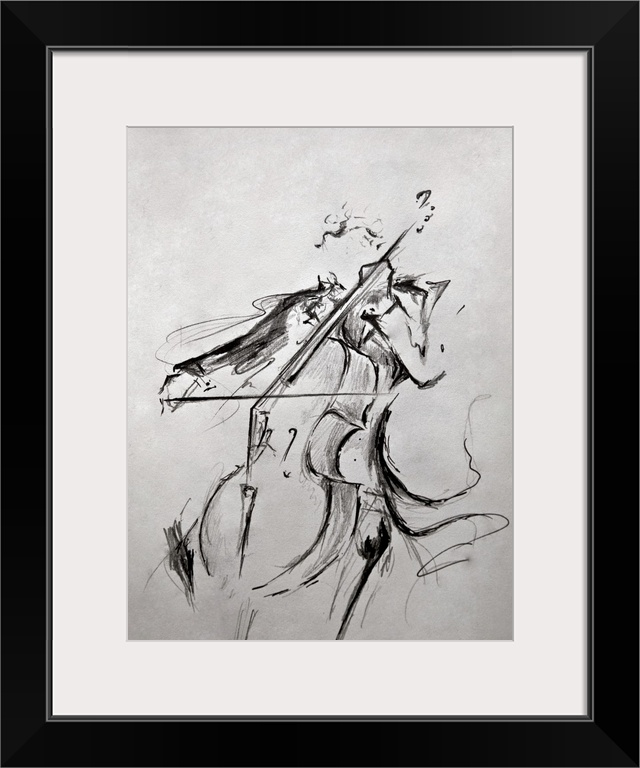 Ink painting of a man in a tuxedo playing the cello.