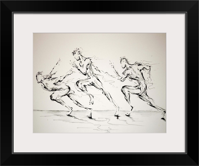 Ink painting of three runners at the beginning of a race, each in a different position.