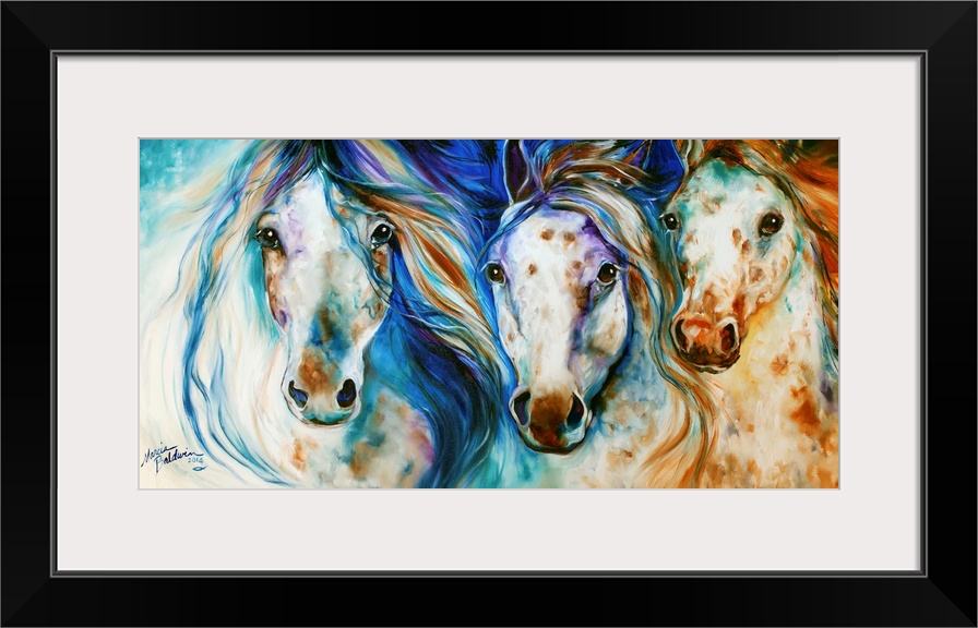 Panoramic painting of three Appaloosa horses with playful hues and beautifully flowing manes.