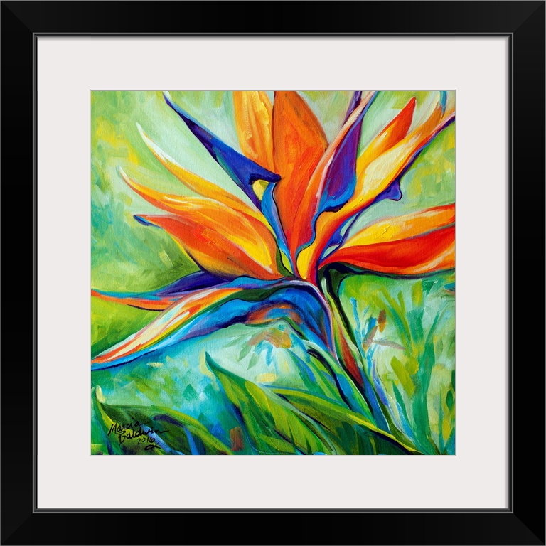 A floral abstract original oil painting of the Bird of Paradise blossom on a square background.