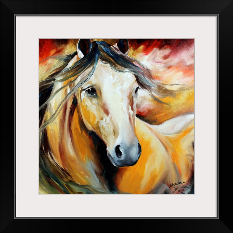 Square painting of a horse with a dark flowing mane on a yellow, red, and white background.