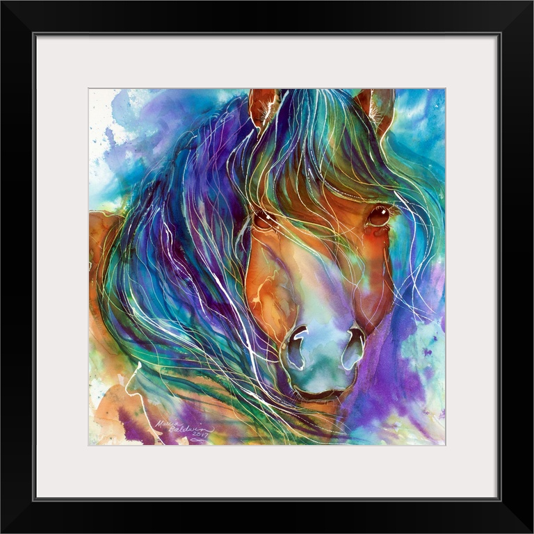 Painting of a Wild Mustang, bay, with long mane and vibrant color, depicts this equine in his strong nature and spirit.