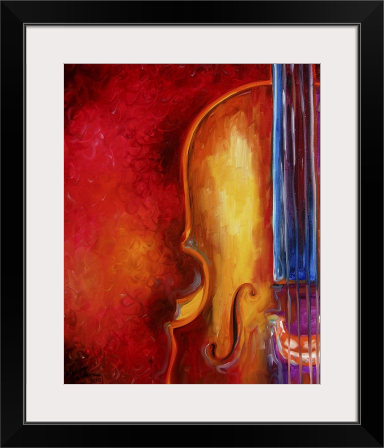 A contemporary abstract of the Cello with bold color and an unexpected composition.