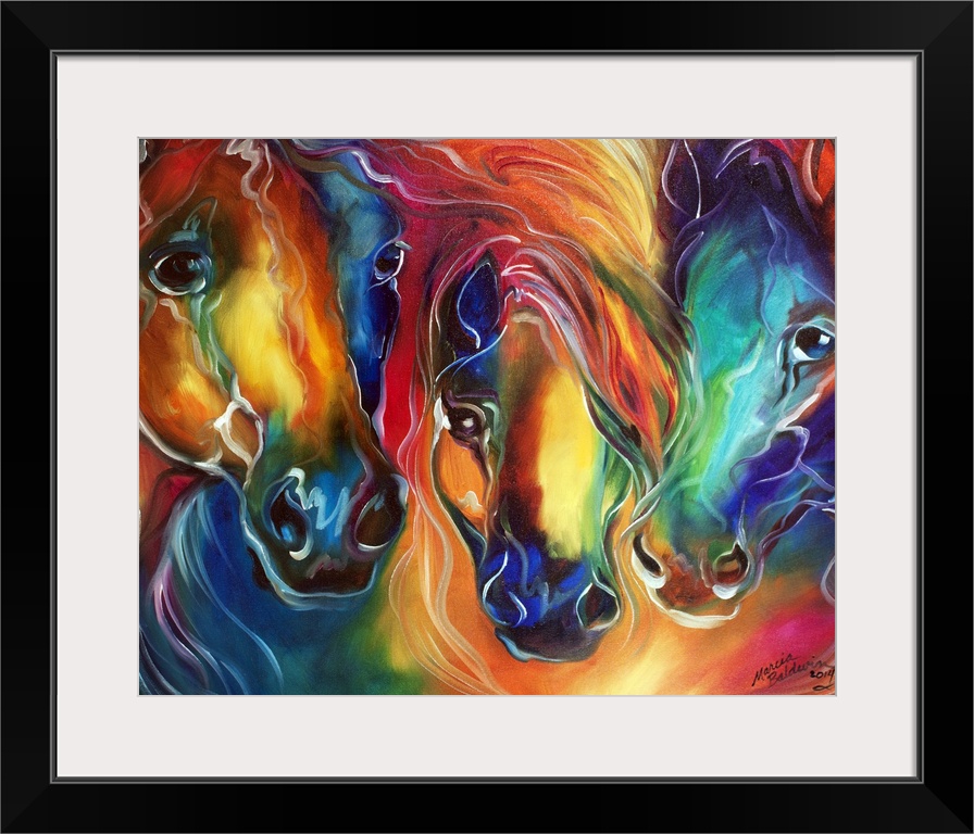 Abstract painting with color and form of three horses.