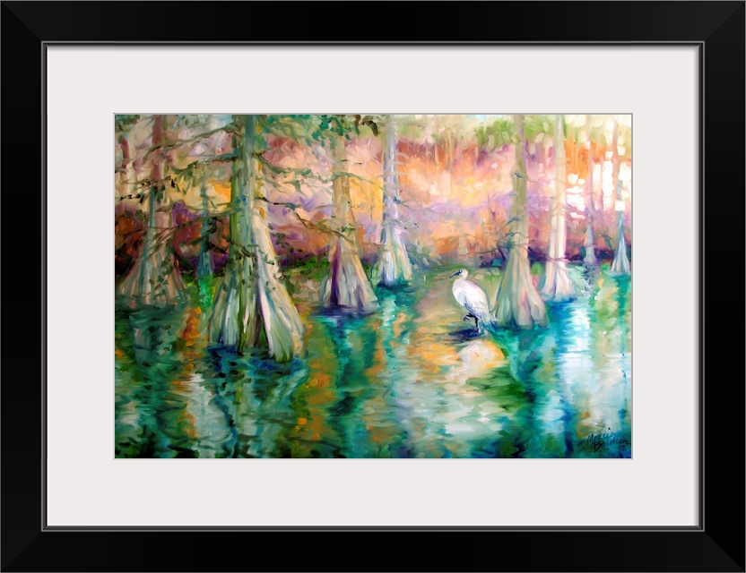Contemporary landscape painting of a scene from the Louisiana bayous with a white heron and cypress trees in a swamp with ...