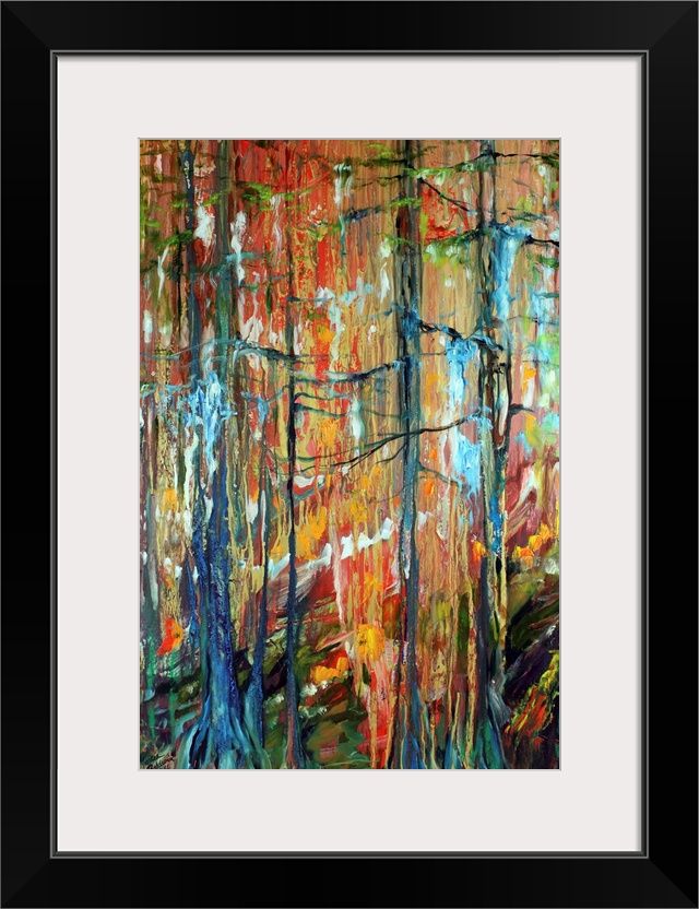 An abstract painting of the swampy wooded cypress bayous of Louisiana with vibrant colors.