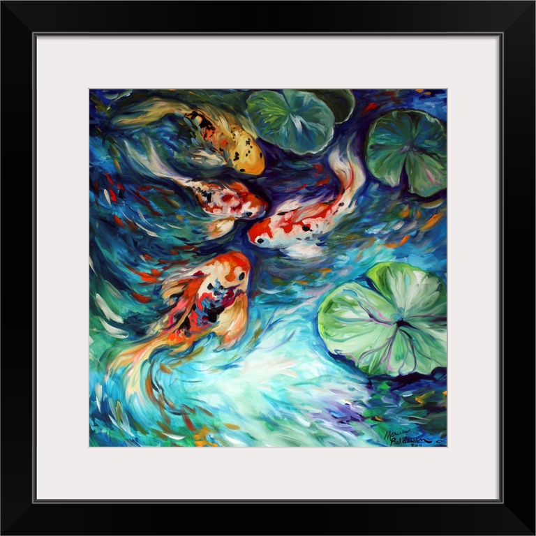 Square painting of four koi fish in a pond with lily pads and curved brushstrokes.