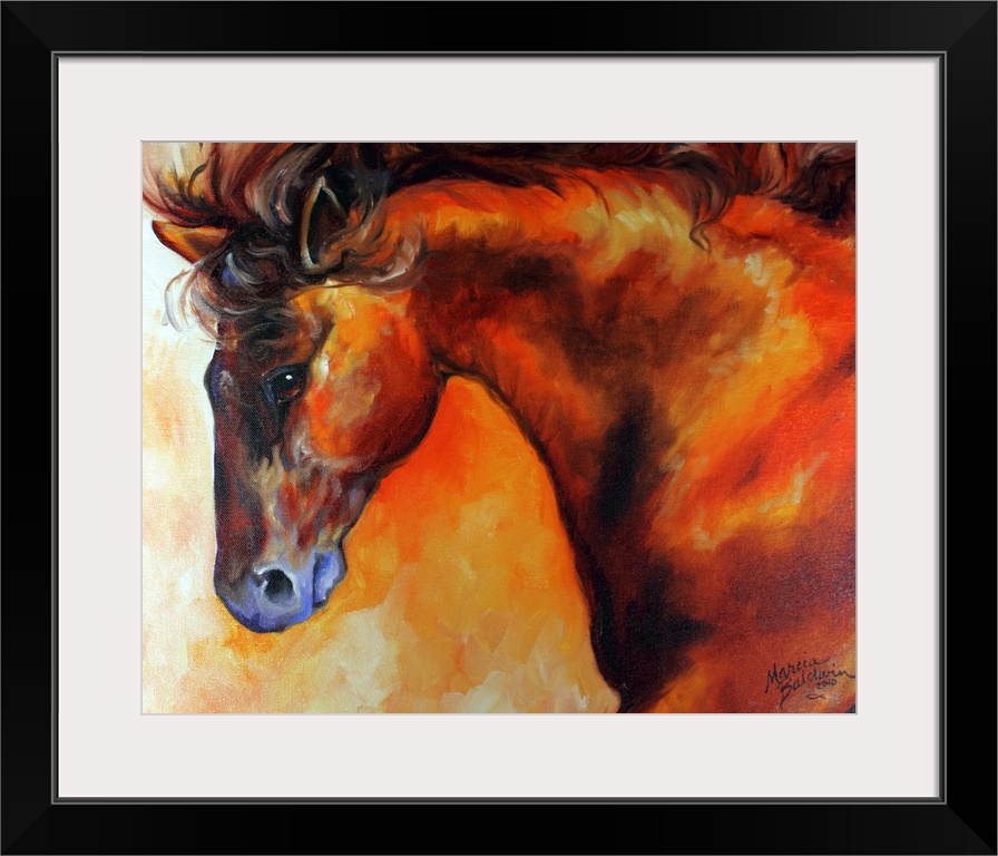 Contemporary painting of a horse created with gold, orange, red, and yellow warm tones.