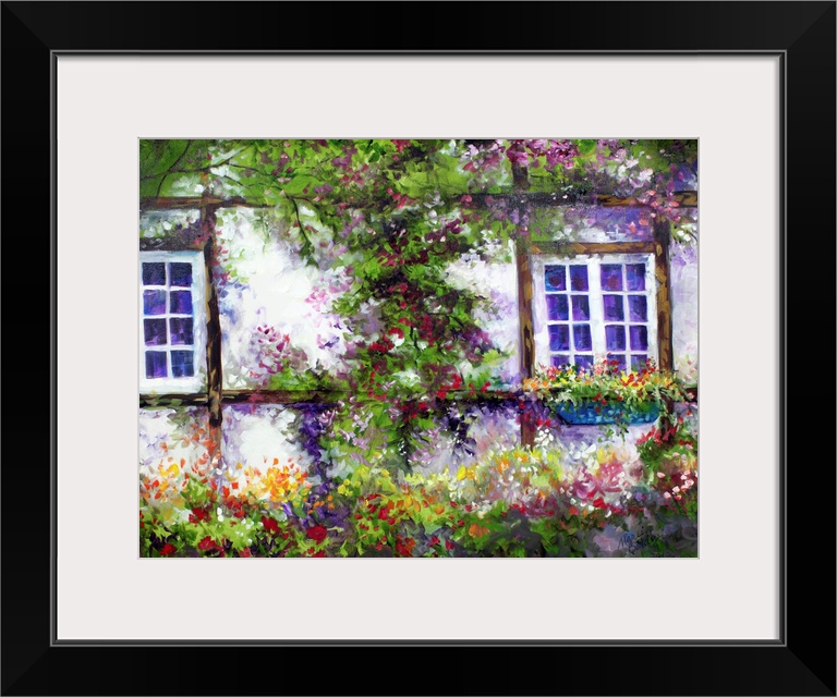 Contemporary painting of an English cottage covered in flowers and greens.