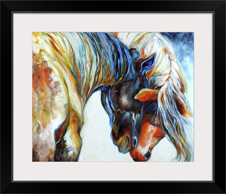 Contemporary painting of two colorful horses nuzzling their heads together.