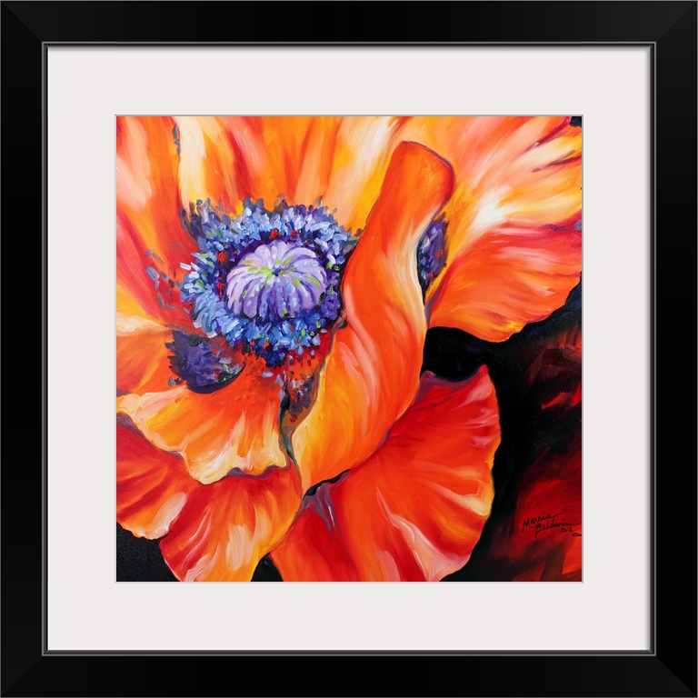 A floral abstract of a red poppy on a square canvas.