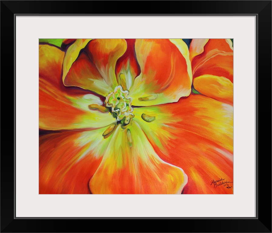 Close-up painting of an orange and yellow tulip with a green background.