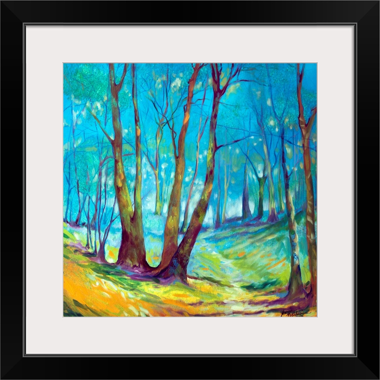 Painting of a mystical wooded walking path with a misty haze and distant wanderings on a square background.