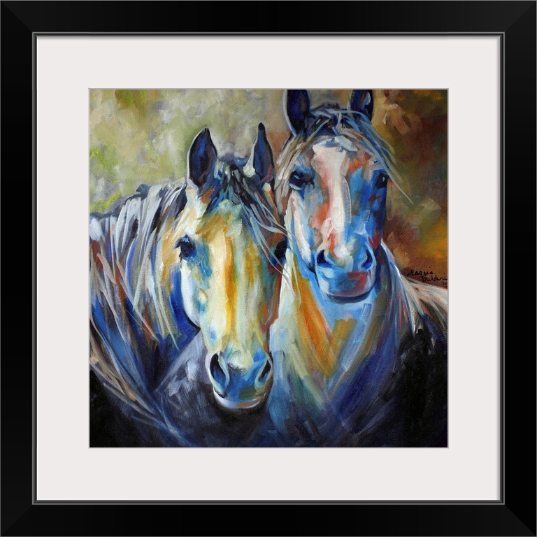 Painting of two horses standing side by side in earth tones on a square background.