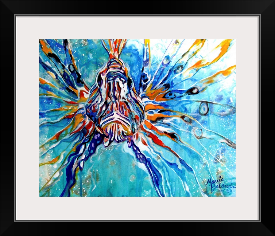 This oil painting depicts an abstract composition of a lion fish in aqua blue waters.