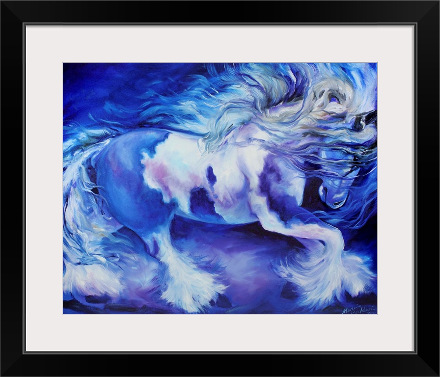 Contemporary painting of a horse in action in cool blue, purple, gray, and white hues.