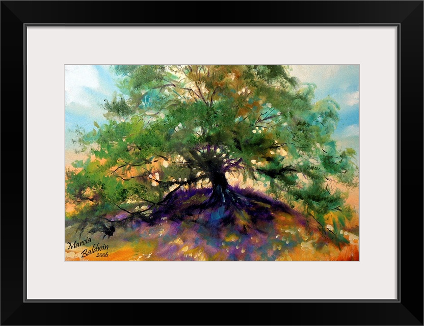 Contemporary painting of a large oak tree with green leaves casting purple and blue shadows on the grass underneath.