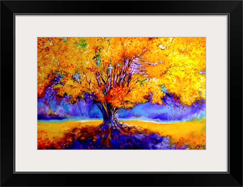 Painting of an old oak tree in Autumn colors and vibrant shadows.