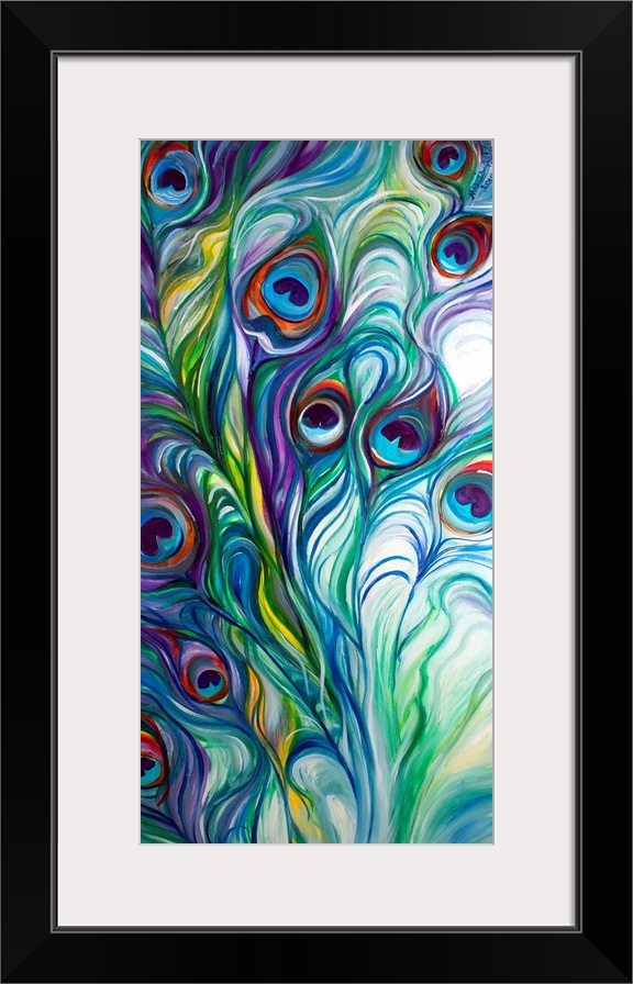 This abstraction of the peacock feathers has dynamic design and exciting color.