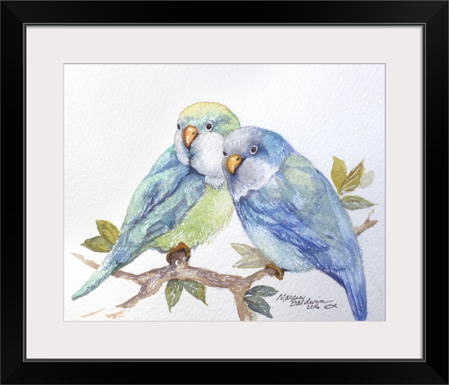 Watercolor painting of two blue and green toned parakeets perched on a branch with leaves on a white background.