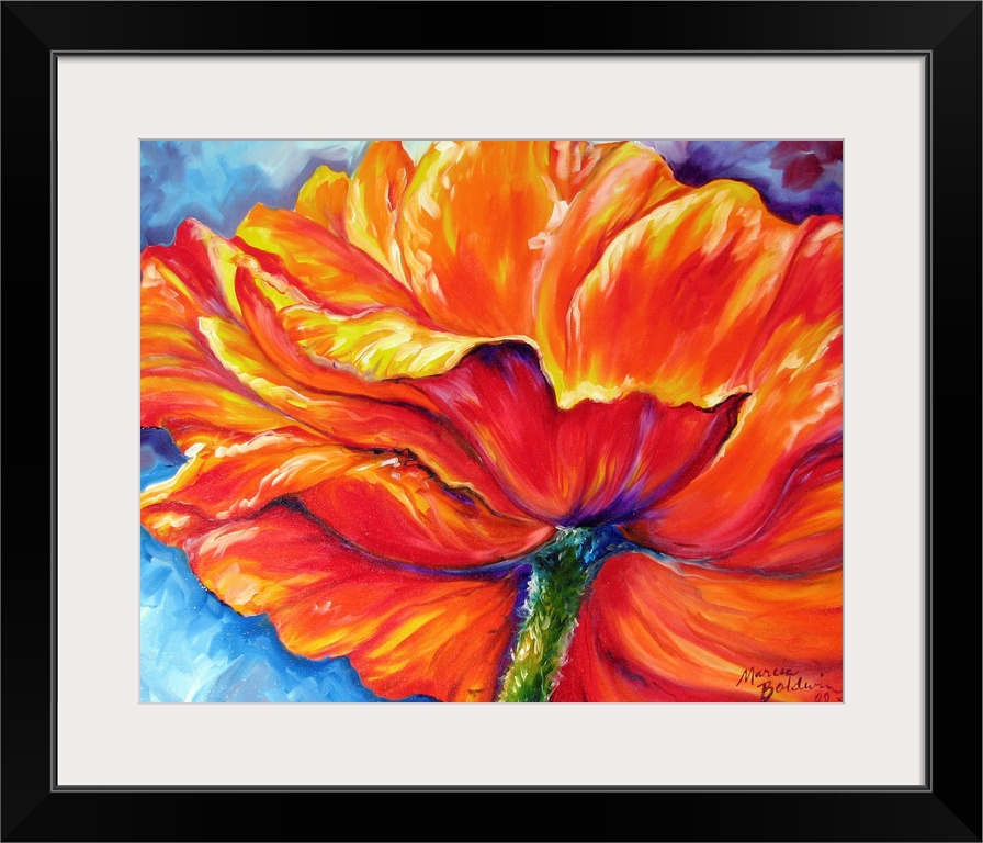 Contemporary painting of an orange, red, and yellow poppy flower on a blue a toned background.