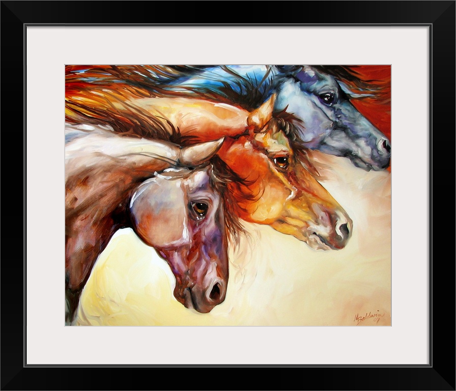 Contemporary painting of three different colored horses moving together, displaying power and strength.