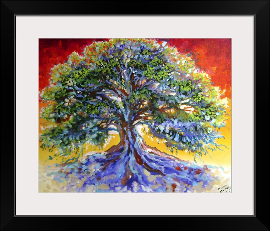 This old oak tree is captured on canvas with a crimson sky and bold colorful shadows cast from the rich branches of leaves.