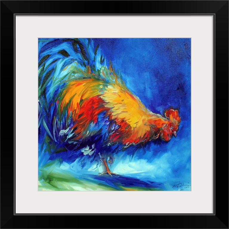 Square painting of a colorful rooster created with vibrant blue, red, and gold hues.