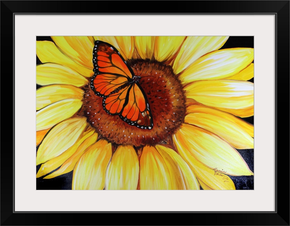 Contemporary painting of a sunflower with an orange butterfly in the center.