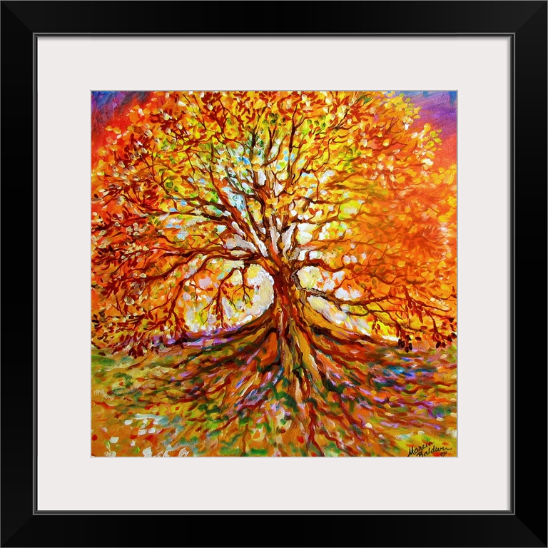 Warm painting of a large Autumn tree at sunset with visible roots stretching down to the bottom of the square canvas.