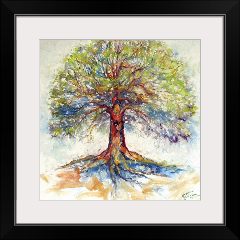 Square painting of a bold and colorful tree on a white background with faint blue, green, and orange hues.