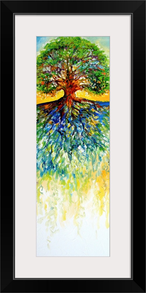 Painting depicting the strong and bold stance of an old oak tree on a panel background.