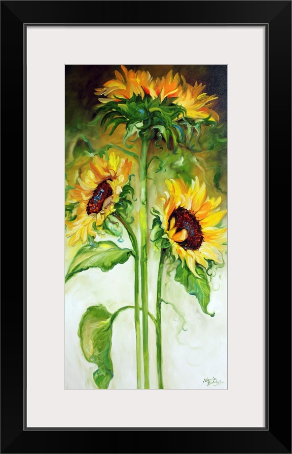 Panel painting with three long stemmed sunflowers on an abstract white, green, yellow, and black background.