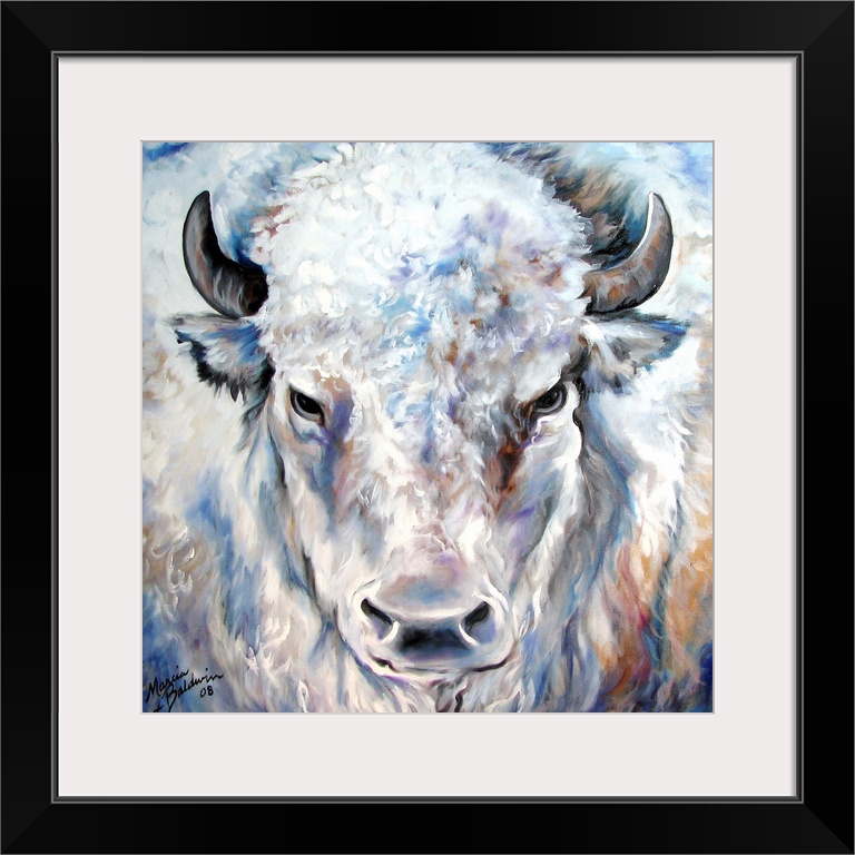 Square painting of a white buffalo created with cool tones and small brushstrokes for texture in the fur.