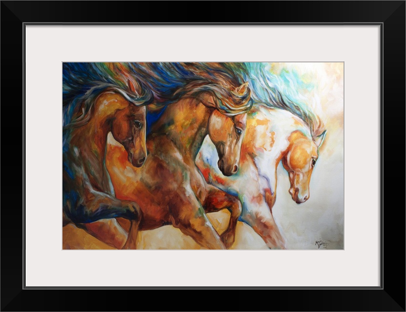 Contemporary painting of three horses galloping in action with their mane's flowing.