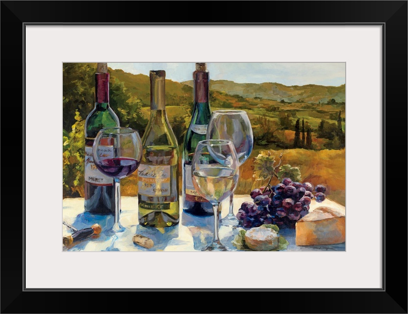 Wall art that is a hybrid still life and landscape painting of cheese, grapes, and red and white wine on display in wine c...