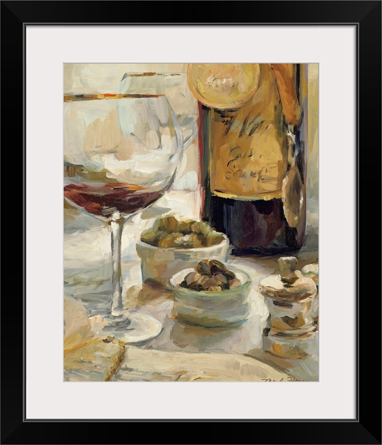 Painting depicting a nearly empty glass of wine and a wine bottle with award medals hanging around the bottle with another...