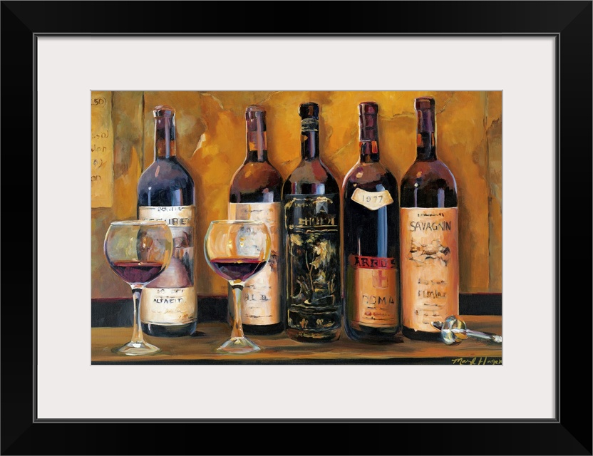 Landscape wall painting of five bottles of red wine with two full wine glasses sitting on a countertop in front of an old ...
