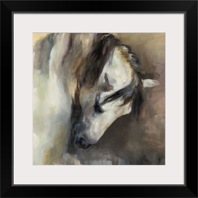 Square abstract painting of a horse in neutral colors.